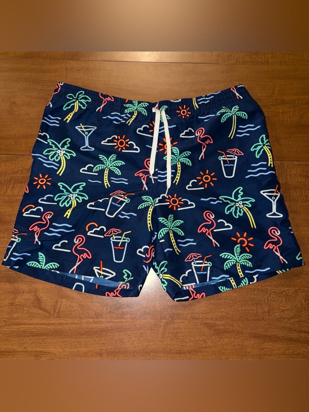 chubbies Navy Swim Trunks with Neon Tropical Print